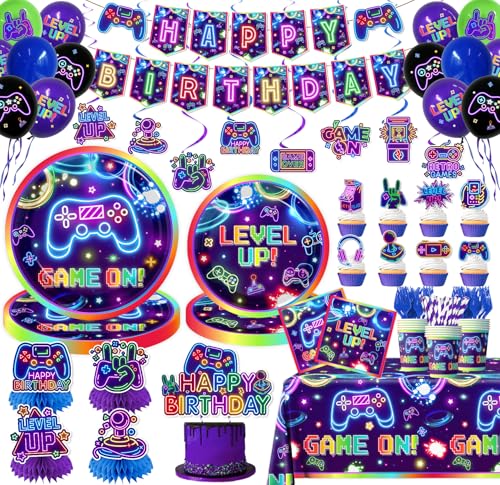 Video Game Birthday Decorations, 197Pcs Gaming Party Decorations Include Plates Napkins Cups Banner Tablecloth Honeycombs Cake Toppers Hanging Swirls for Boy Gamers Birthday Party