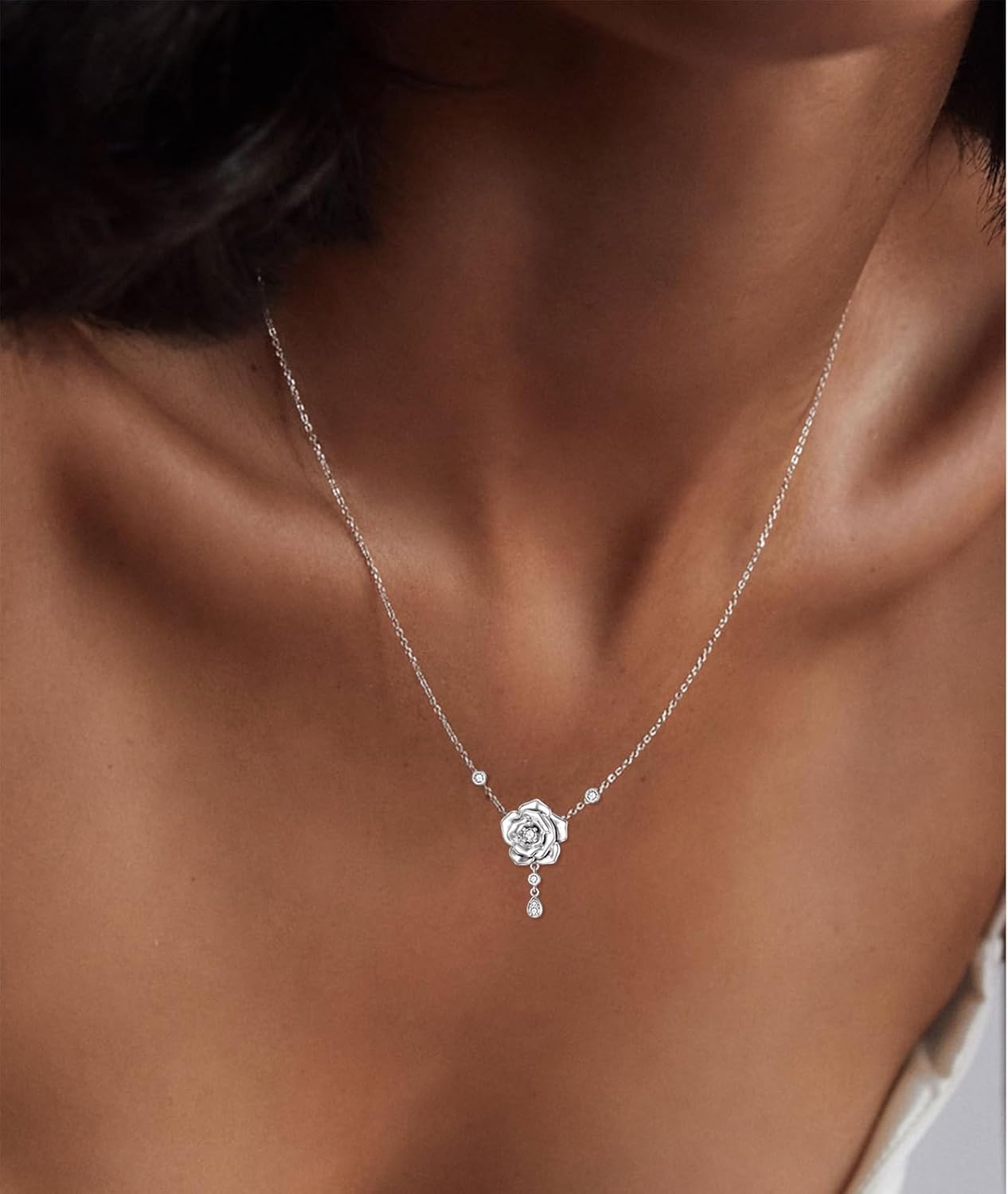 1/14 Carat Diamond Rose Necklace for Women 925 Sterling Silver Rose Flower Pendant Necklaces 18K Gold Plated Fine Jewelry - Image 4