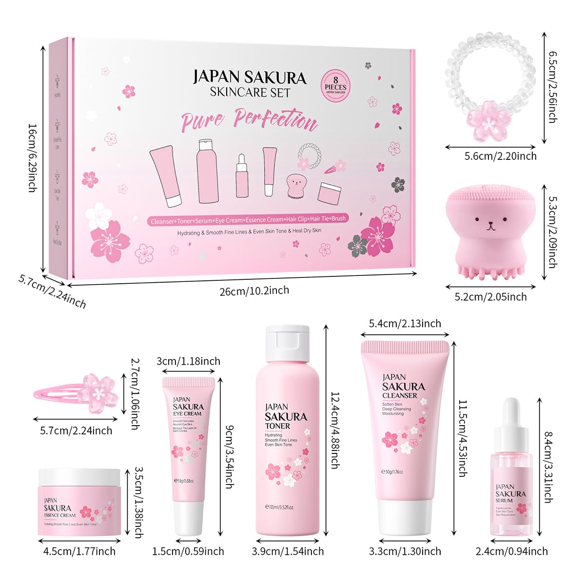 8 Pcs SakuraSkincare Set Complete Facial Care with Vitamin C, Includes Cleanser, TonerSerum, Eye Cream, Essence Cream, Sakura hairpin, Sakura hair rope, Pink octopus face wash massager - Image 7