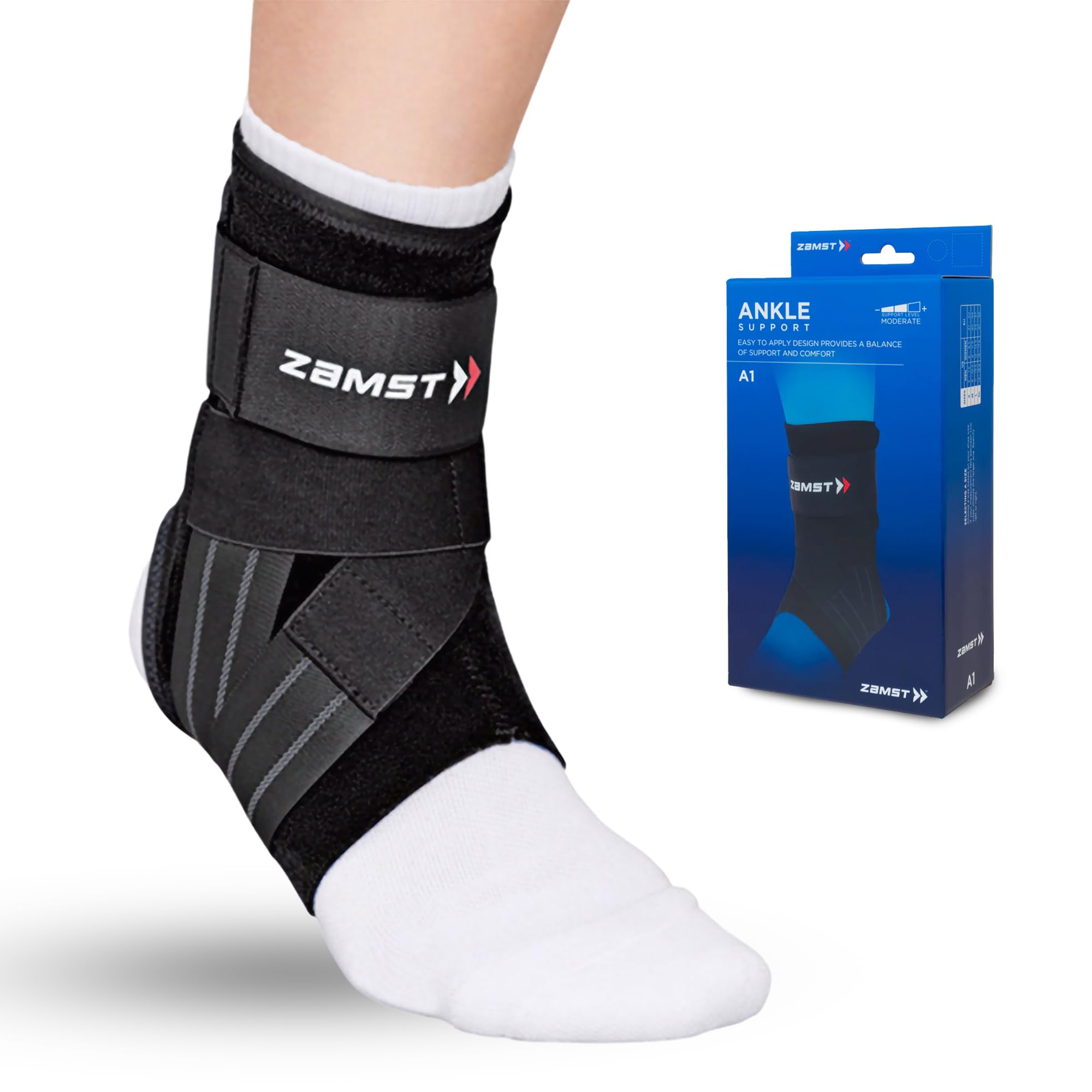 Zamst A1 Black Ankle Brace for Sports - Breathable Sports Ankle Support for Men and Women with Adjustable Three Way Straps for Moderate Lateral Ankle Sprain - Right, Large