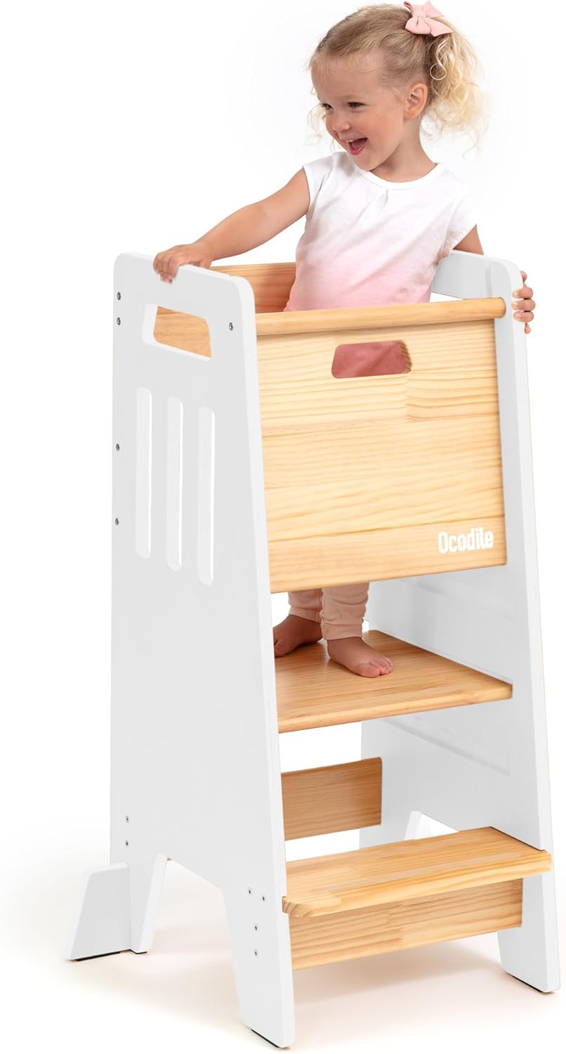 OCODILE Toddler Tower with a Sliding Door and 3 Adjustable Heights - Safe Toddler Kitchen Stool Helper with Support Feet - Updated Design for 18+ Months to 6-Year-Old Kids - White