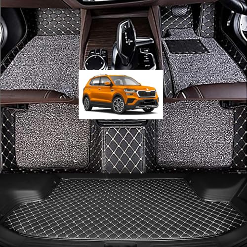 Image of Vahan Expo Premium 7D Car Mat Full Set for Skoda Kushaq with Boot Mat || Luxury Double-Stich 7D Car Floor Mat Complete Set || 100% Waterproof and Washable || Black