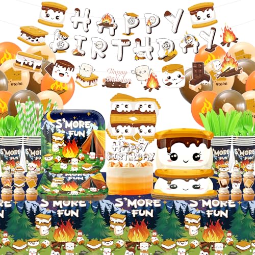 Smores Birthday Party Decoration - Camping Party Tableware Plates Cups Napkins Camping Tablecloth Happy Birthday Banner Balloons Cake Toppers for Bonfire Camper Forest Picnic Adventure Supplies