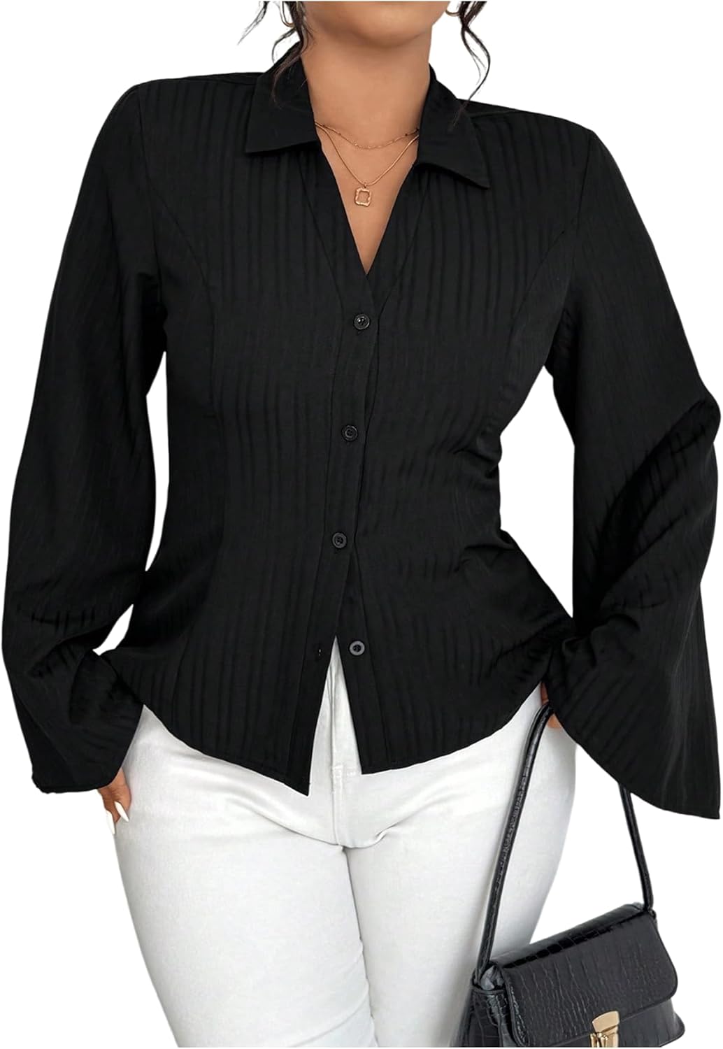 SOLY HUX Women's Plus Size Button Down Shirt Collared V Neck Bell Long Sleeve Casual Work Blouse Tops