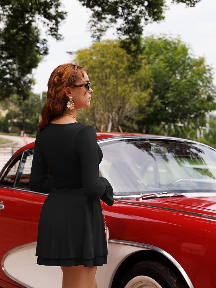 XXTAXN Women's Sexy Wrap V Neck Long Sleeve Flowy Hem A Line Ruched Waist Corest Mini Dress - Image 6