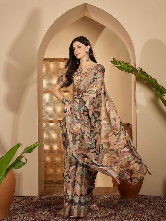 Women's Brown Cotton Floral Leaf printed Saree, Beige, Linen Blend, Traditional Indian Ethnic Wear