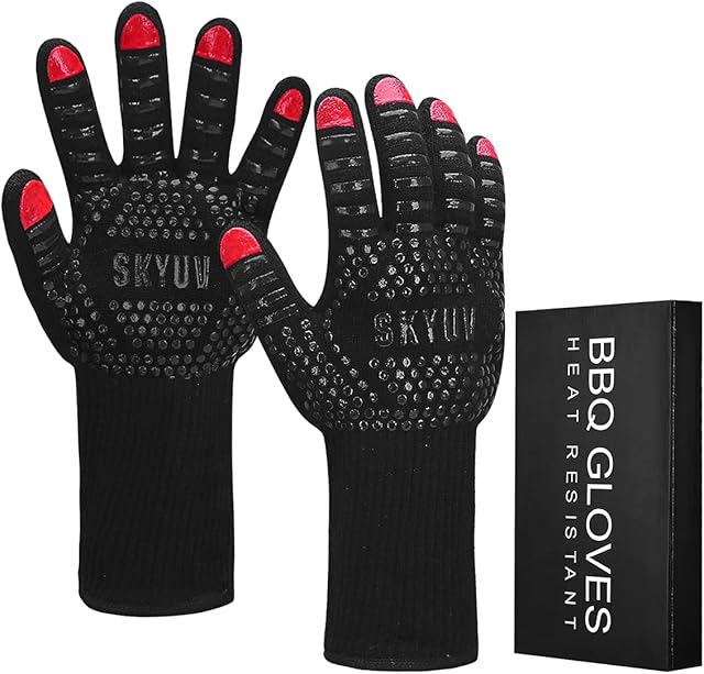 SKYUV BBQ Gloves Heat Resistant, 800 / 1472 Extreme Heat Resistant, Grilling Gloves with Long Wrist Protect, Non-Slip Silicone Oven Gloves for Cooking Barbecue and Baking