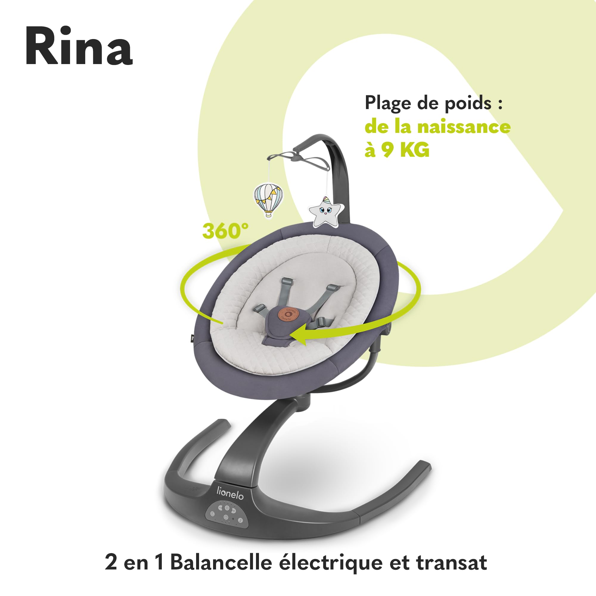 LIONELO Rina balancelle et transat 2en1 – télécommande, Assise pivotante 360°, 2 Directions de Balancement, 5 Vitesses, Blocage, réglage du Dossier, minuterie, 12 mélodies, Fonctionnement Silencieux