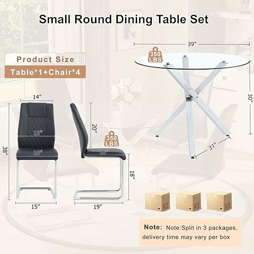 Miniatura 2 de Juego de mesa de comedor redonda para 4, juego de mesa de comedor de vidrio de 39 pulgadas con base de metal ajustable en forma de X plateada y 4