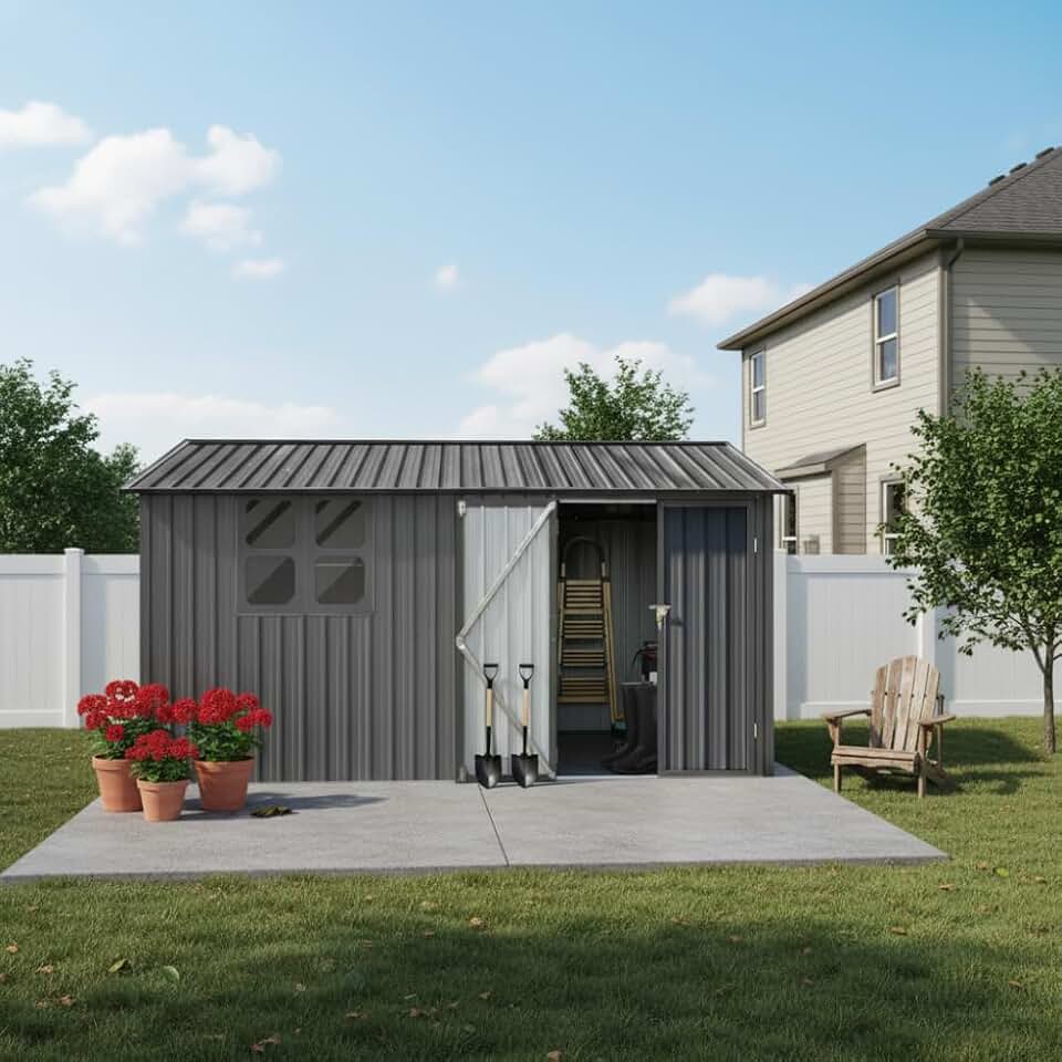 Metal Storage Shed with Window and Shelves for Outdoor Garden Use, 12x10 Ft Apex Roof Design with Hinged Door and Foldable Worktable