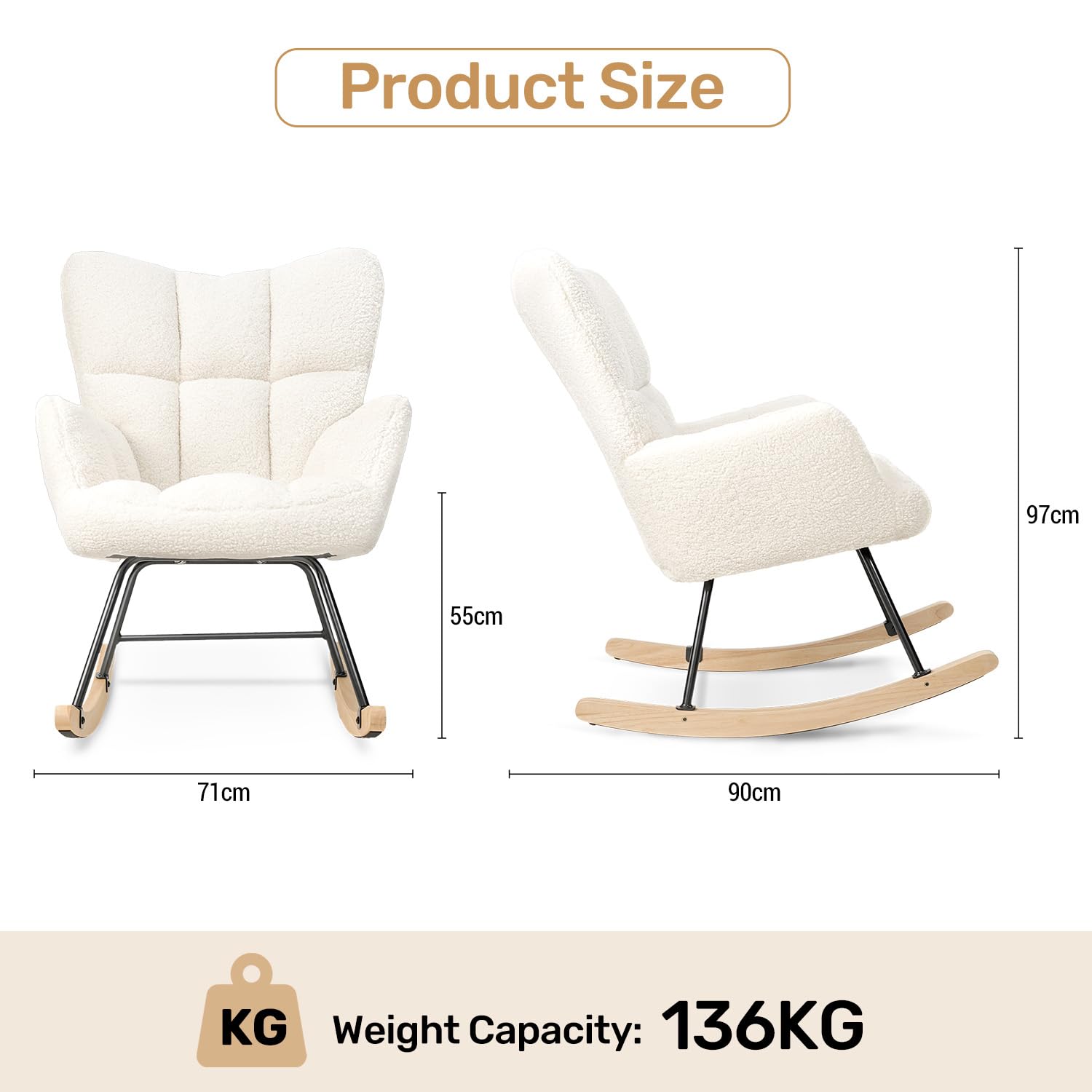 Hawthyhome Schaukelstuhl Relaxstuhl Sessel Stuhl Wohnzimmersessel, Schaukelsessel Gepolsterter Schwingsessel bis 136 kg belastbar Weiß Lounge Chair fürs Wohnzimmer Schlafzimmer Balkon