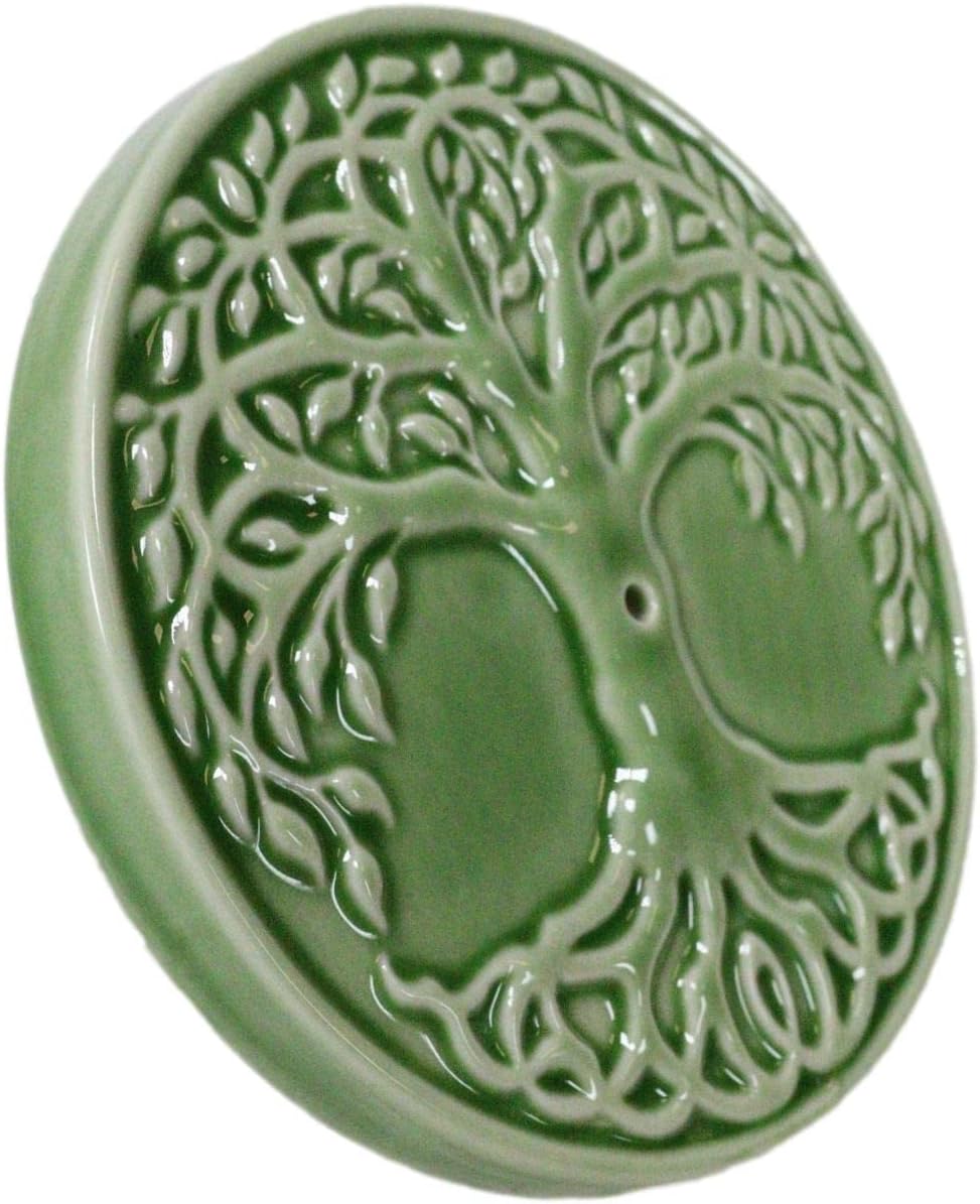 Ebros Gift Wicca Sacred Symbols Celtic Tree of Life Yggdrasil Ceramic Round Medallion Incense Stick Holder Burner Dish Figurine Home Fragrance Accessory Tabletop Altar Decor