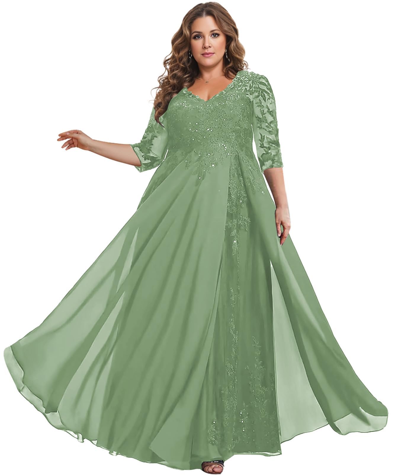 Brautmutterkleider für Hochzeit Damen Große Größe Abendkleider mit 3/4 Ärmel Pailletten Spitze Festliche Hochzeitsgast Partykleider