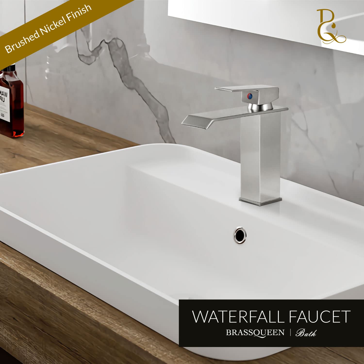 Wasserfall-Wasserhahn – Gebürstetes Nickel, Messing, Ein Griff, 1 Loch, Deckmontage