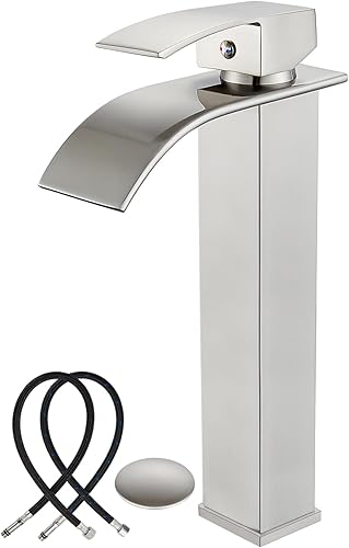 Midanya Grifo alto de níquel cepillado en cascada para baño, grifo alto de una sola manija, montaje en cubierta de un solo orificio con boquilla disponible en Yaxa Costa Rica