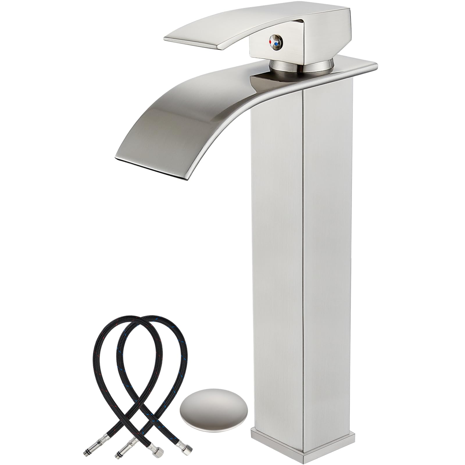 Sxithgkdw Brushed Nickel Vessel Sink Faucet Waterfall Tall Bathroom Faucets Vanity Single Handle 1 Hole Modern With Pop-Up Drain And Supply Hoses,