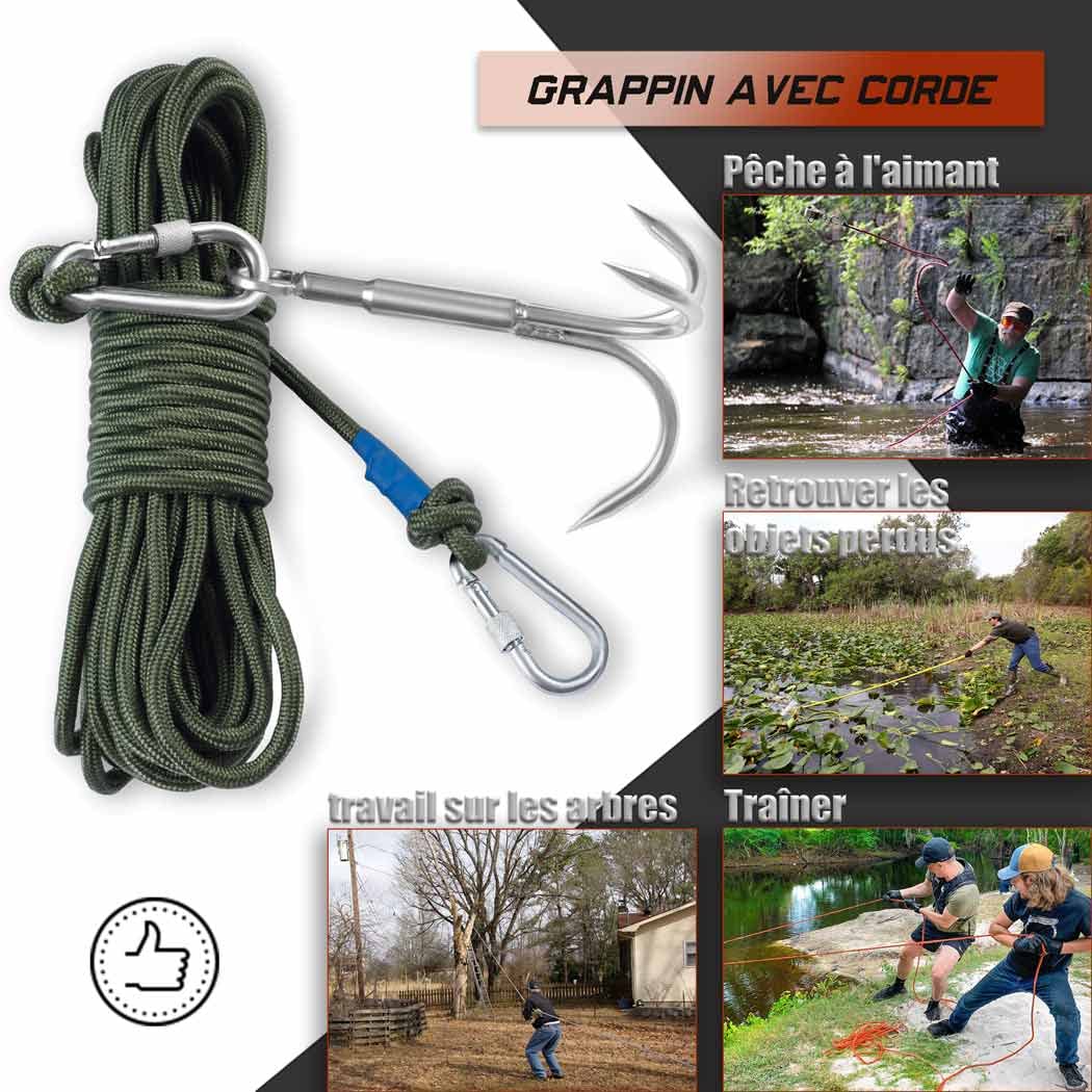 Grappin avec Corde-Comprend Corde en Nylon de 8mm x 15M,Grapin et Double Mousqueton,pour la Peche aimant/Travail des arbres/Tirant