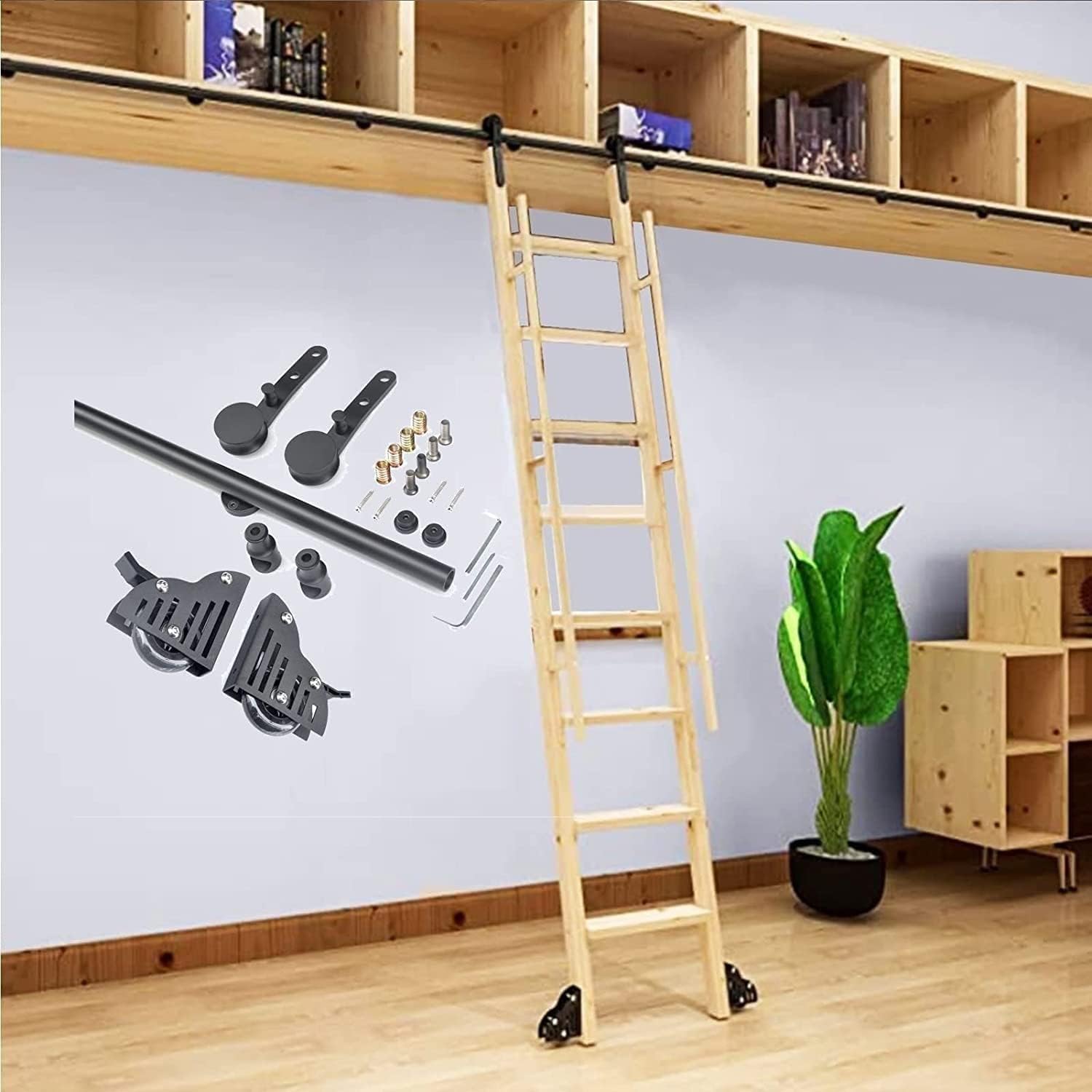 Sliding Ladder Hardware Full Set Library Rolling Ladder Track Kit, Floor Rollers with Brakes, Carbon Steel Black Round Tube Guide Rail, for Home/indoor/attic/library, Easy to Insta