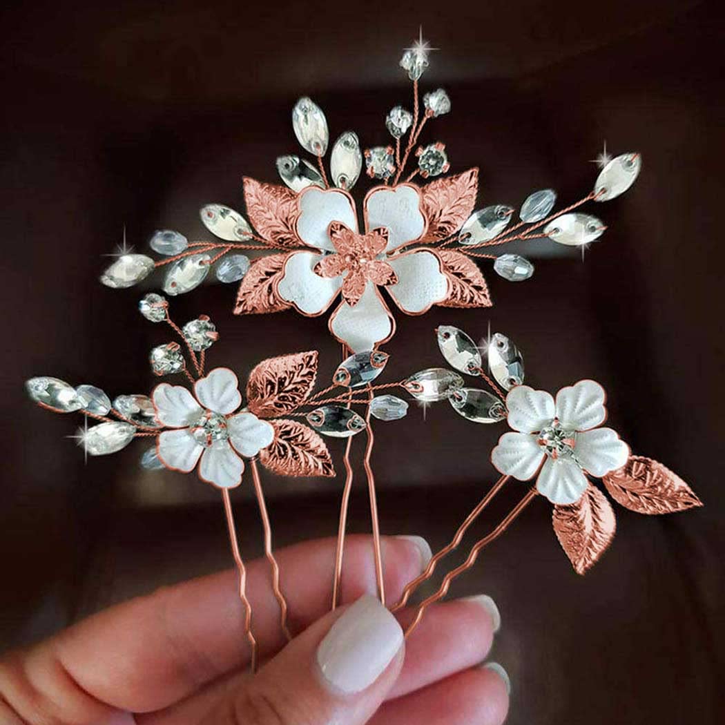 YBSHIN Bride Wedding Silver Hair Pins Crystal Hair Clips Flower Bridal Headpieces leaves Hair Accessories Jewelry for Women and Girls (Pack of 3) (C- Rose Gold)