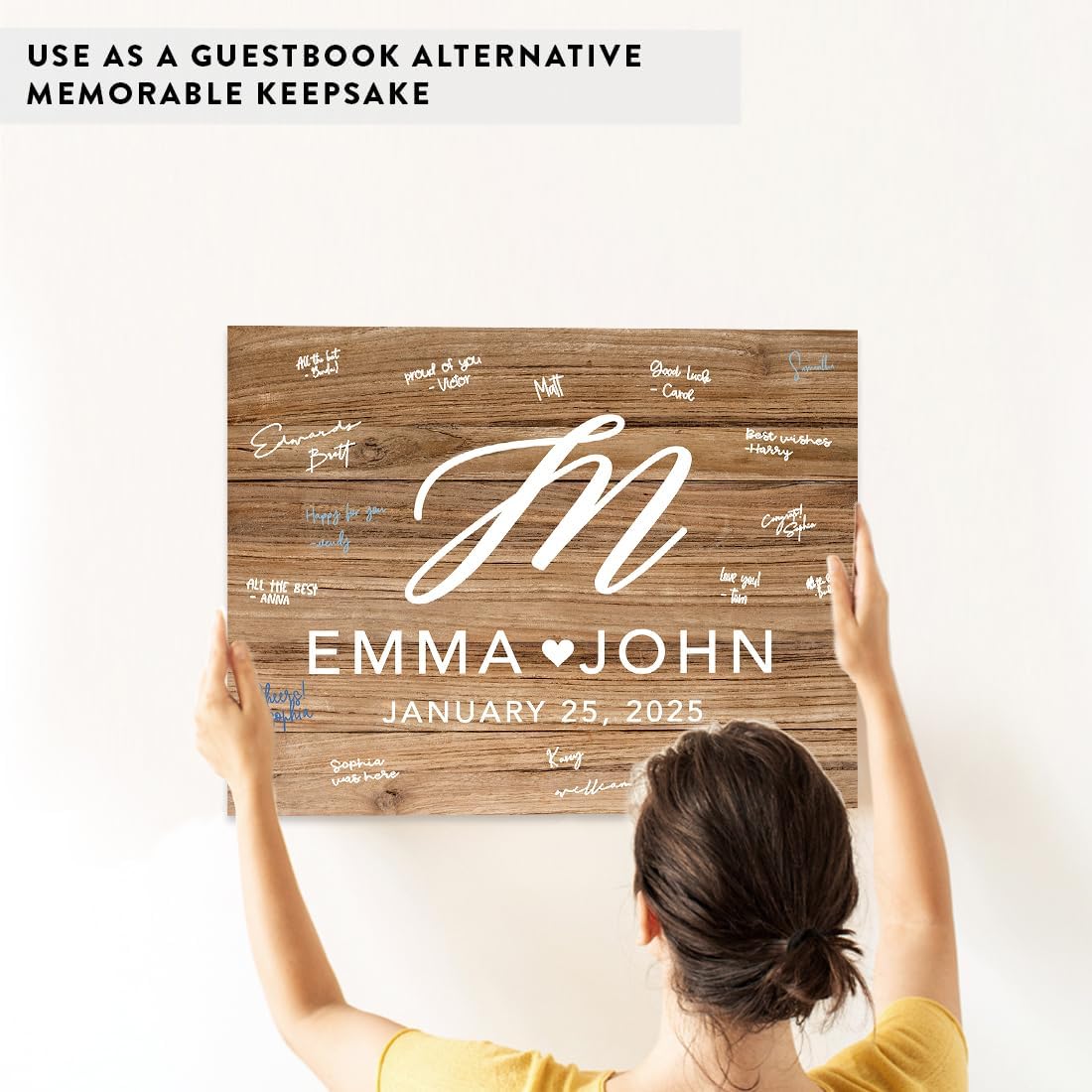 Andaz Press Custom Large Canvas Wedding Guest Book Alternative, 16 x 20 Inches, Rustic Wood Script Monogram Horizontal Personalized Sign Our Canvas Guest Book Signs For Wedding Rustic Woodland Theme