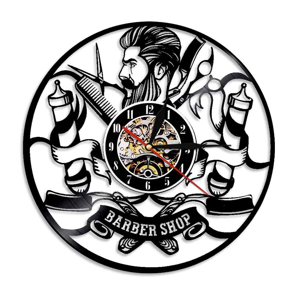 Reloj de Pared de barbería Vintage de Arte Hecho de Disco de Vinilo Real, Cartel de Pared de barbería, calcomanía de barbería Caballero de Barba de barbero