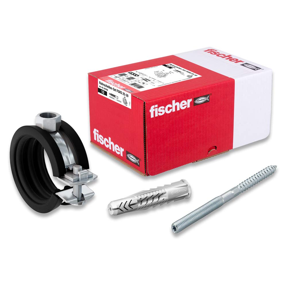 Fischer Black Pipe Clamp Set Fgrs 25-30 Gvz, Pipe Clamp Set With 30 Pieces: 10 Pieces Joint Pipe Clamps Fgrs 25-30, Pack Of 10 Hanger Bolts Stst8x80, 10 Pieces Universal Dowels Ux10x60, Item No. 547058,
