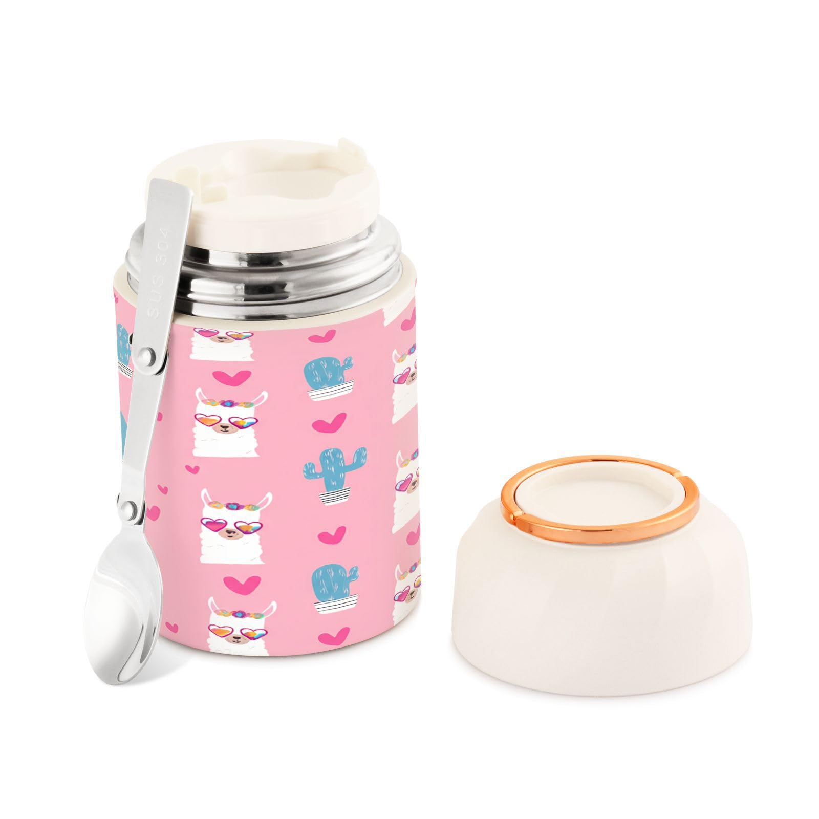 Tarro térmico Cute Llamas de acero inoxidable con cuchara para comer sano en el trabajo