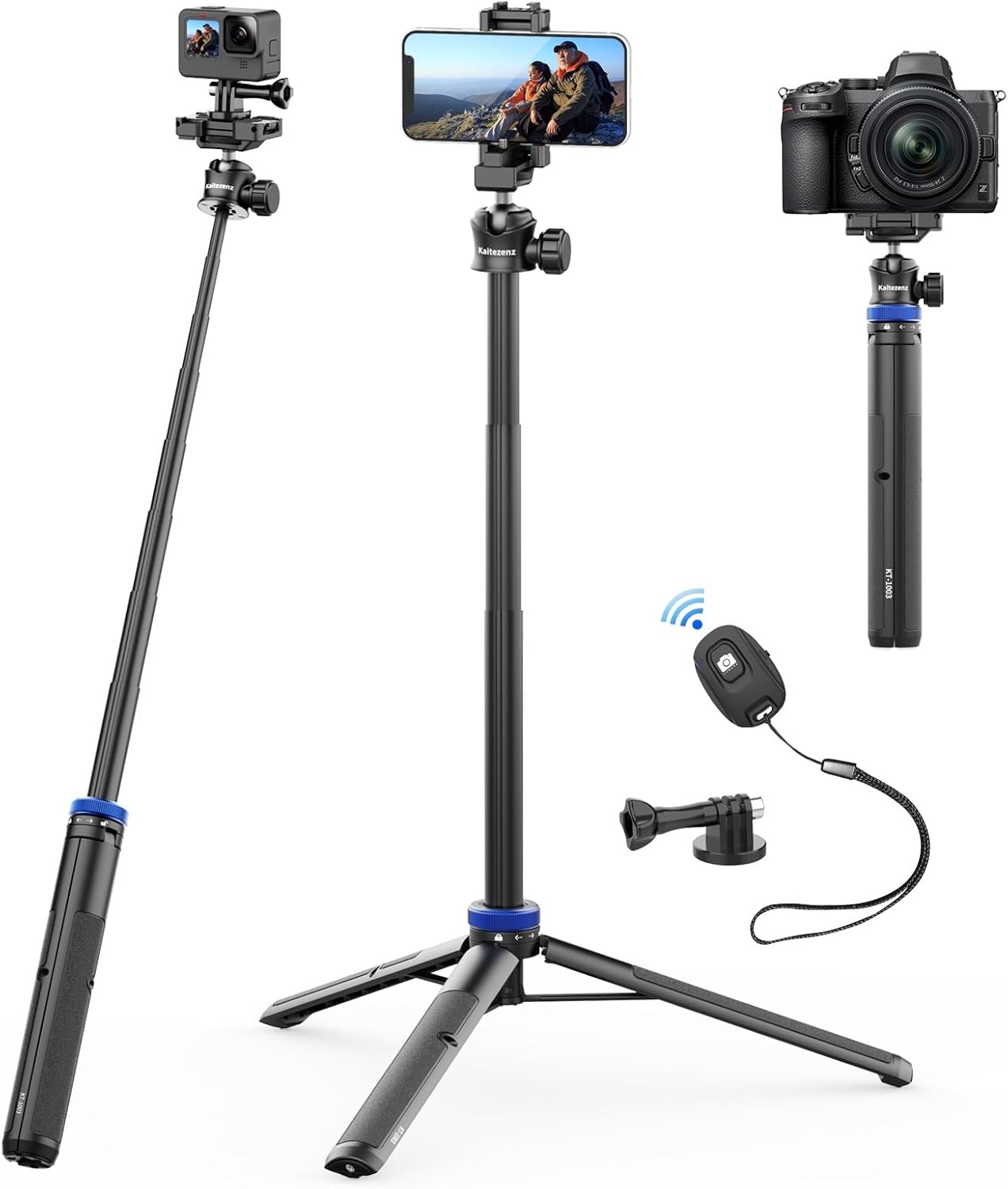 Kaitezenz Selfie Stick Tripod for Gopro Camera, 64" Extendable Stand with 360° Ball Head 1/4" Screw, Portable Lightweight Camera Tripod for GoPro Max Hero 11 10 9 8 7 6 5 DJI OSMO Action Phone