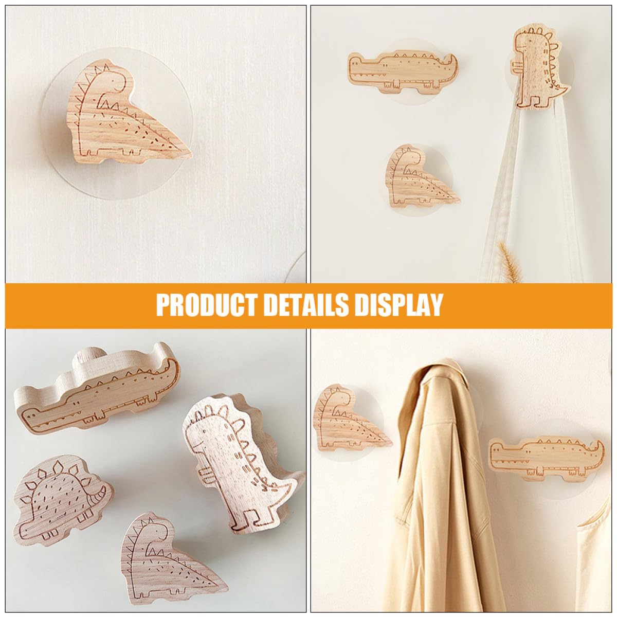 Ganchos Adhesivos para Pared de Madera Diseño de Dinosaurio, 4 Piezas, para Colgar Sombreros y Llaves en Habitación Infantil, Perchero sin Perforaciones, Decoración Adhesiva Hogar