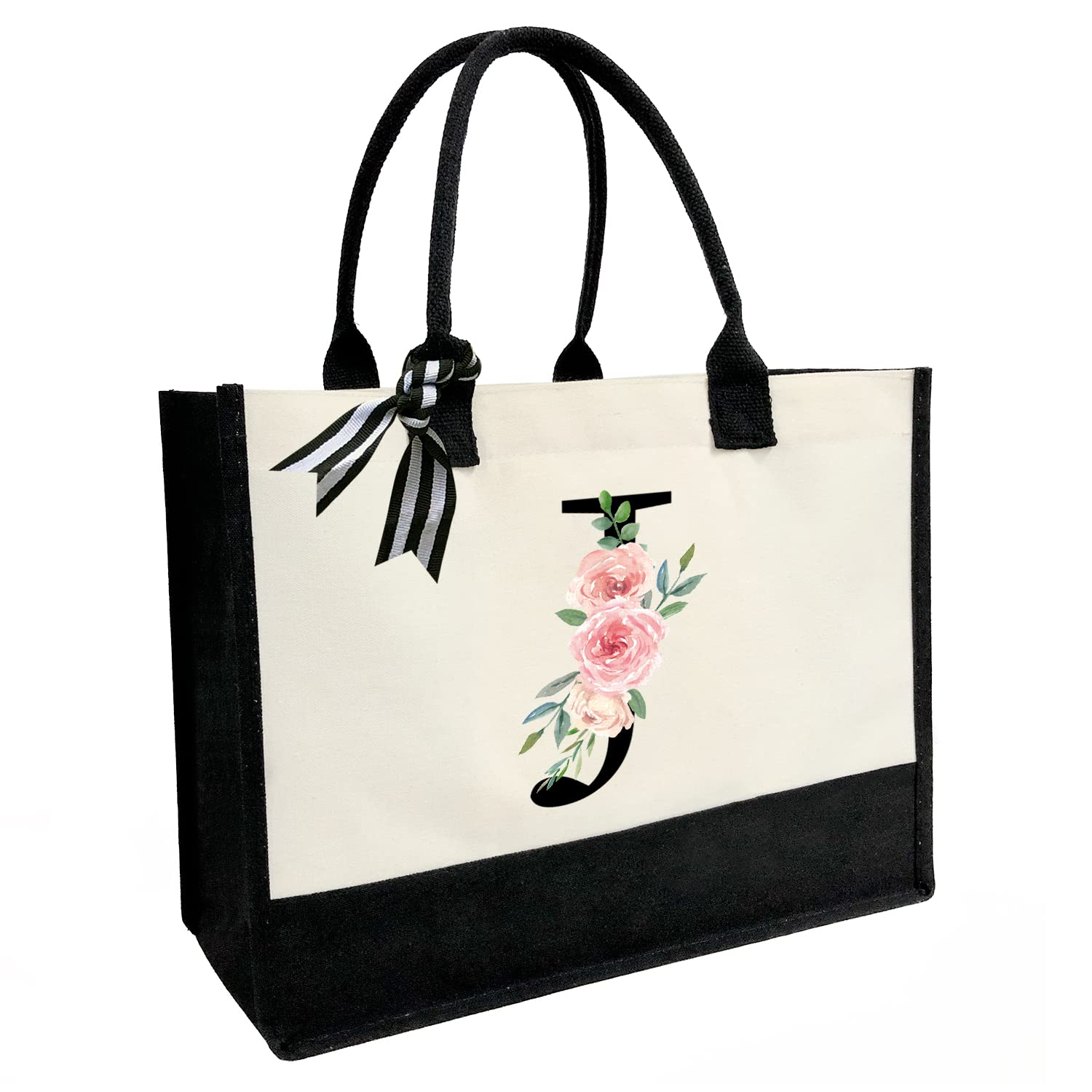 JOJHDRInitial Canvas Beach Tote Bag with Printed letter,Personalized Gifts for Women,Mom,Friends,Teachers and Bridesmaids