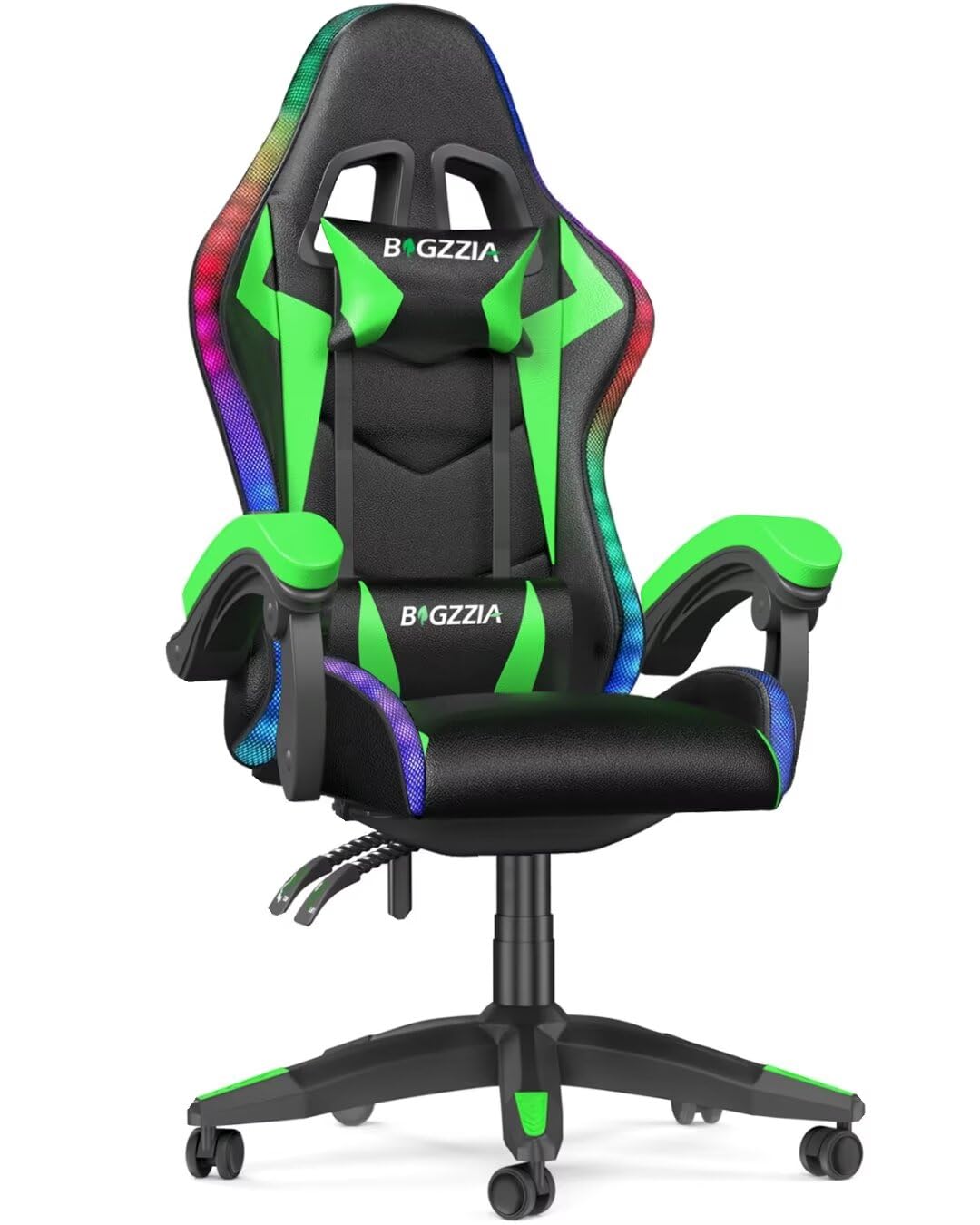 bigzzia Silla Gaming con Luces LED,Silla Ergonómica Gaming,Altura Regulable Silla con Apoyo Lumbar y Reposacabezas, Respaldo Inclinable hasta 155° (Utilización RGB, Green)