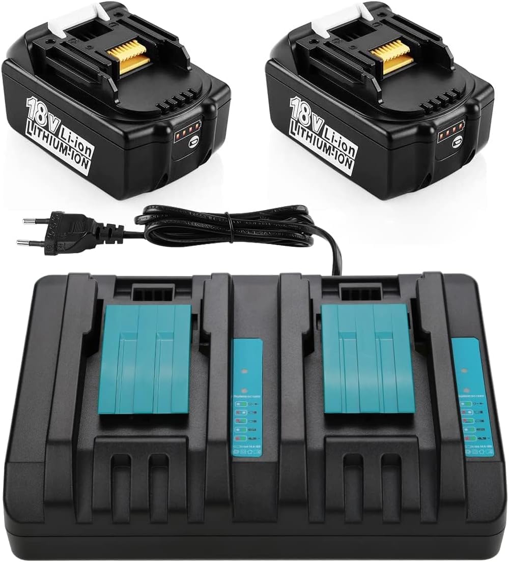 JYJZPB 2x 5,5Ah Accu Compatibel voor Makita 18V en Oplader Dual Port DC18RD Lithium-ion vervangende Batterij 18 Volt BL1850B,BL1850,BL1830,BL1860B, BL1860,BL1840,BL1845