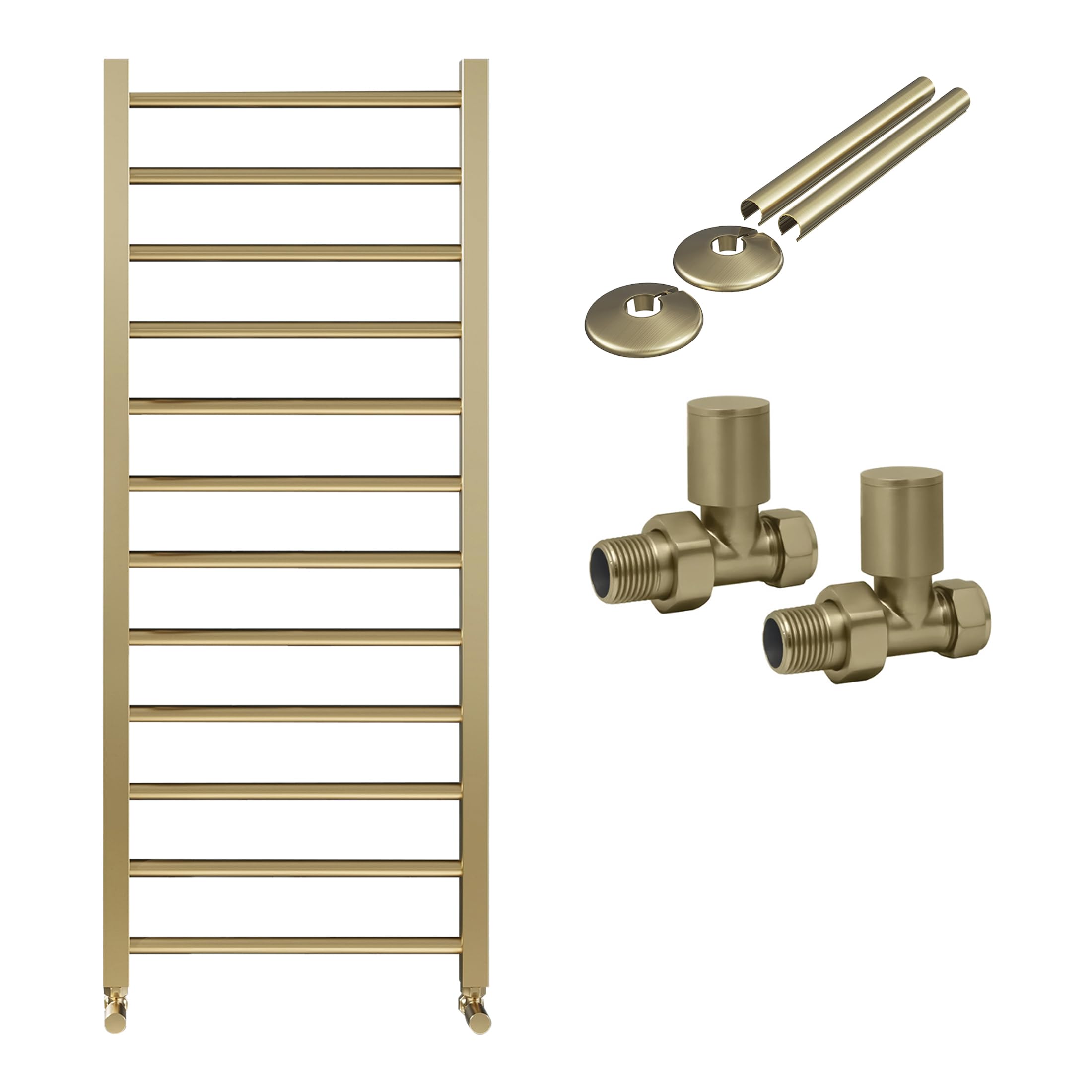 FNX Bathrooms Brushed Brass Heated Towel Rail Radiator 500X1600mm With Manual Valves & Pipe Covers from B&Q