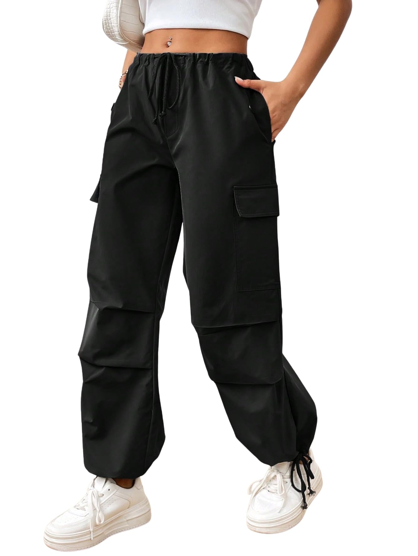 Verdusa Women's Drawstring Waist Side Pocket Joggers Cargo Pants Loose Long Trousers