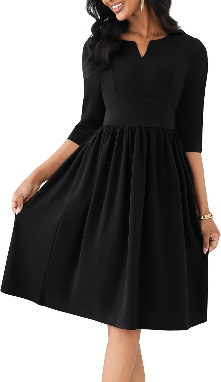 Nmoder Cocktail Dress 3/4 Sleeve Semi Formal Dresses Empire Waist A Line Church Dresses with Pockets Black 3XL