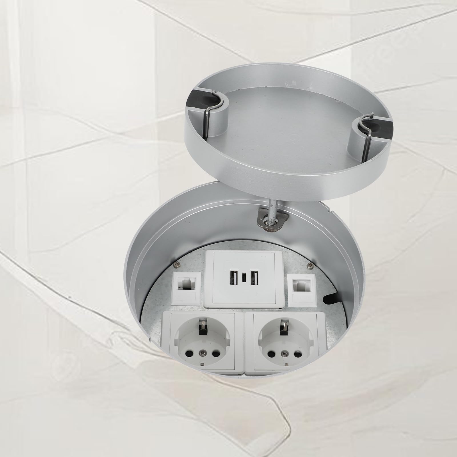 Presa da incasso in acciaio inox rotonda con copertura, presa da incasso a terra con 2 Schuko, 1 porta USB-A, 1 porta USB-C, 1 tipo C, 2 CTE6 per casa, hotel, scuola, ufficio, rete