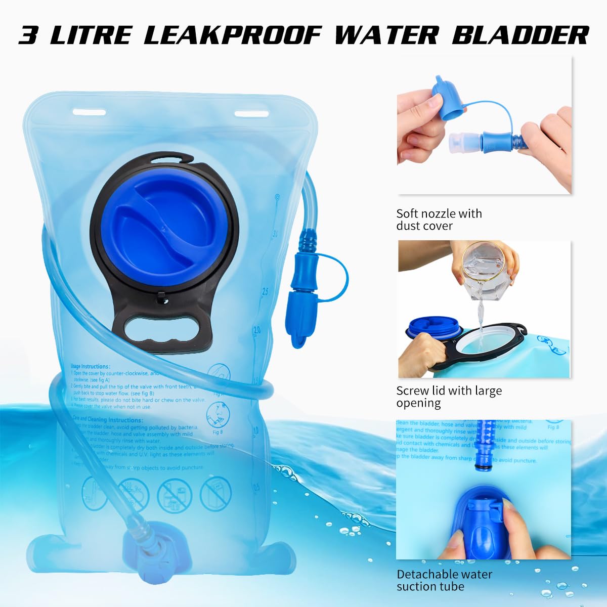 Sac à dos d'hydratation avec poche d'eau de 3 L, sac à dos d'hydratation isotherme pour course à pied, sac à dos léger pour randonnée, cyclisme, camping, vélo pour homme et femme