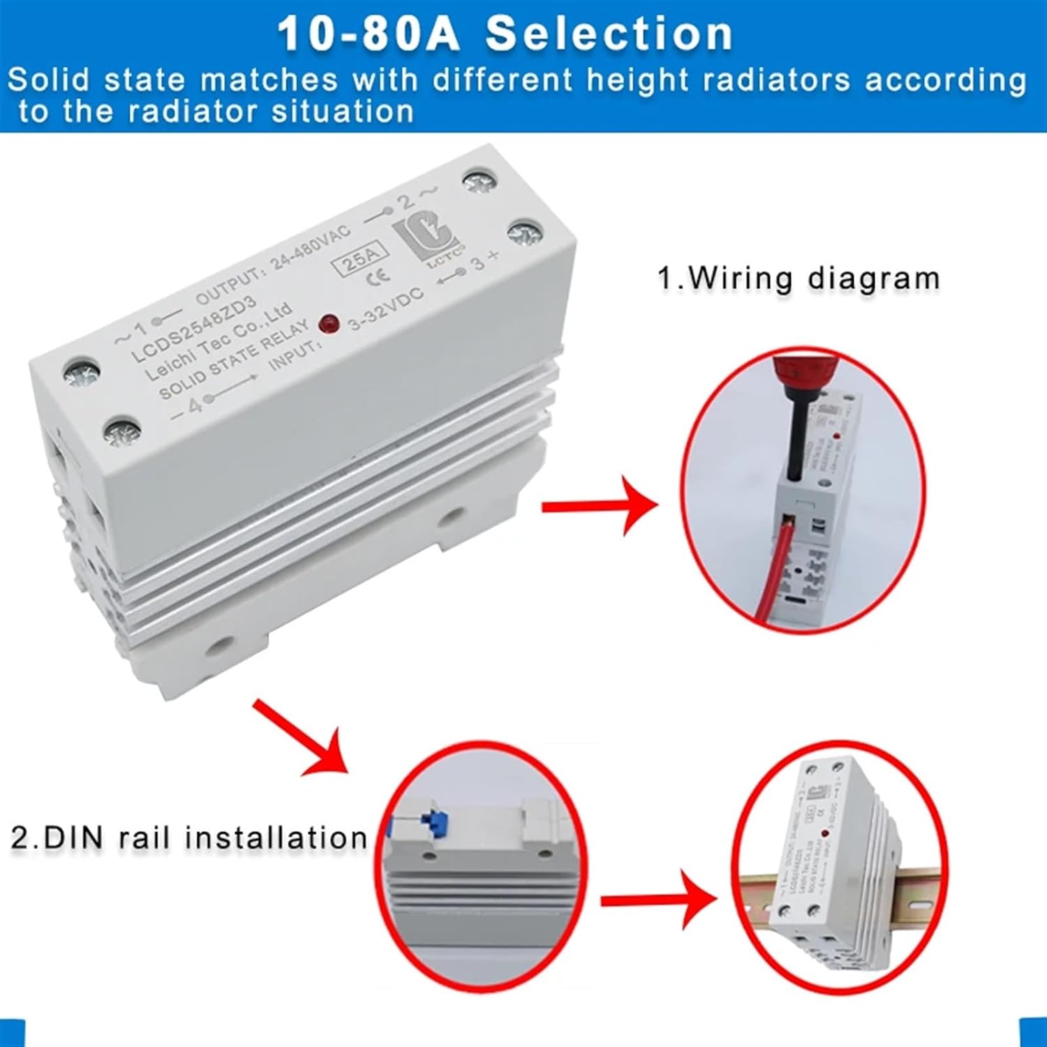 Slim Rail SSR-10DA SSR-25DA SSR-40DA 10A 25A 40A Single Phase Solid State Relay Module DC Input 24-480V Output AC DC-AC(40DA)