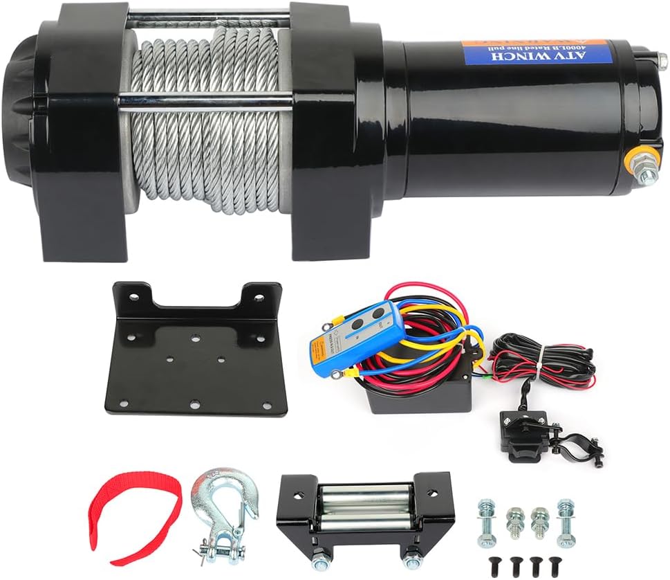 ROADFAR Heavy Duty 4000 lb Steel Cable Rope ATV UTV Off-Road Winch with 1pcs Remote Control and 4-Way Roller Fairlead,Black