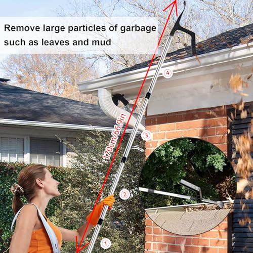 Aolawco 2-in-1 Gutter Cleaning Tools with Gutter Brush & Leaf Shovel, 170cm Telescopic Gutter Cleaner with 4-Section Pole, Gutter Cleaner Suitable for Bungalow (2 Layer Terraced House Need Ladder) - Image 4