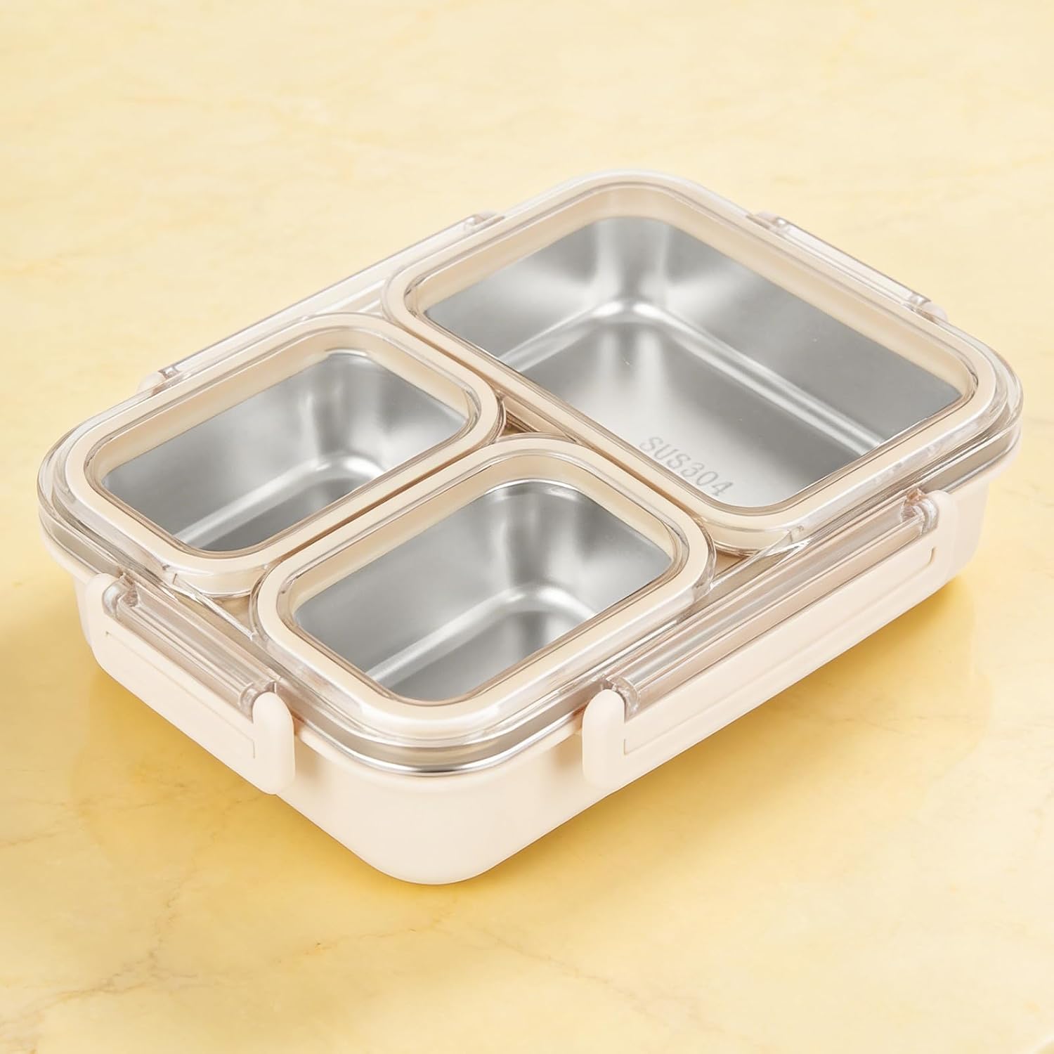2 Pack Stainless Steel Bento Box Leakproof 3 Compartment, Dishwasher Safe Snack Containers, White Lunch Box 27oz for Office, Picnic & Outdoor Use