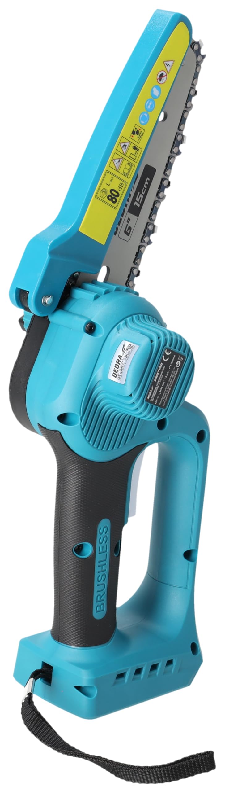 Dedra SAS+ALL DED7180 18 V – bezszczotkowa mini piła łańcuchowa 6ʺ (150 mm), 5400 RPM, cięcie do 140 mm, beznarzędziowy napinacz, lekka konstrukcja (0.9 kg), bez akumulatora i ładowarki