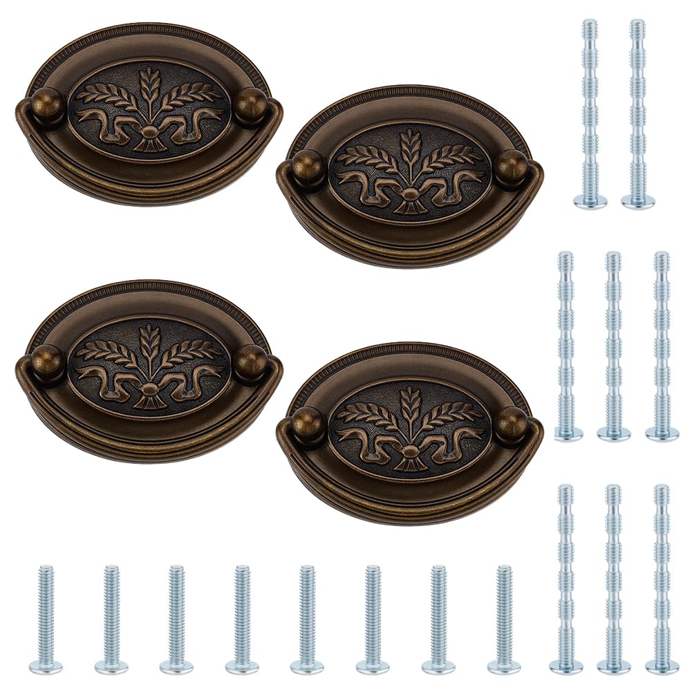 PH PandaHall 4 Pack Antique Drawer Pulls Handles Oval Bail Drawer Pulls 8.3cm Vintage Cabinet Handle Bronze Wheat Pattern Drop Swing Handles with Screws for Vanity Nightstand Wardrobe Cupboard Knob