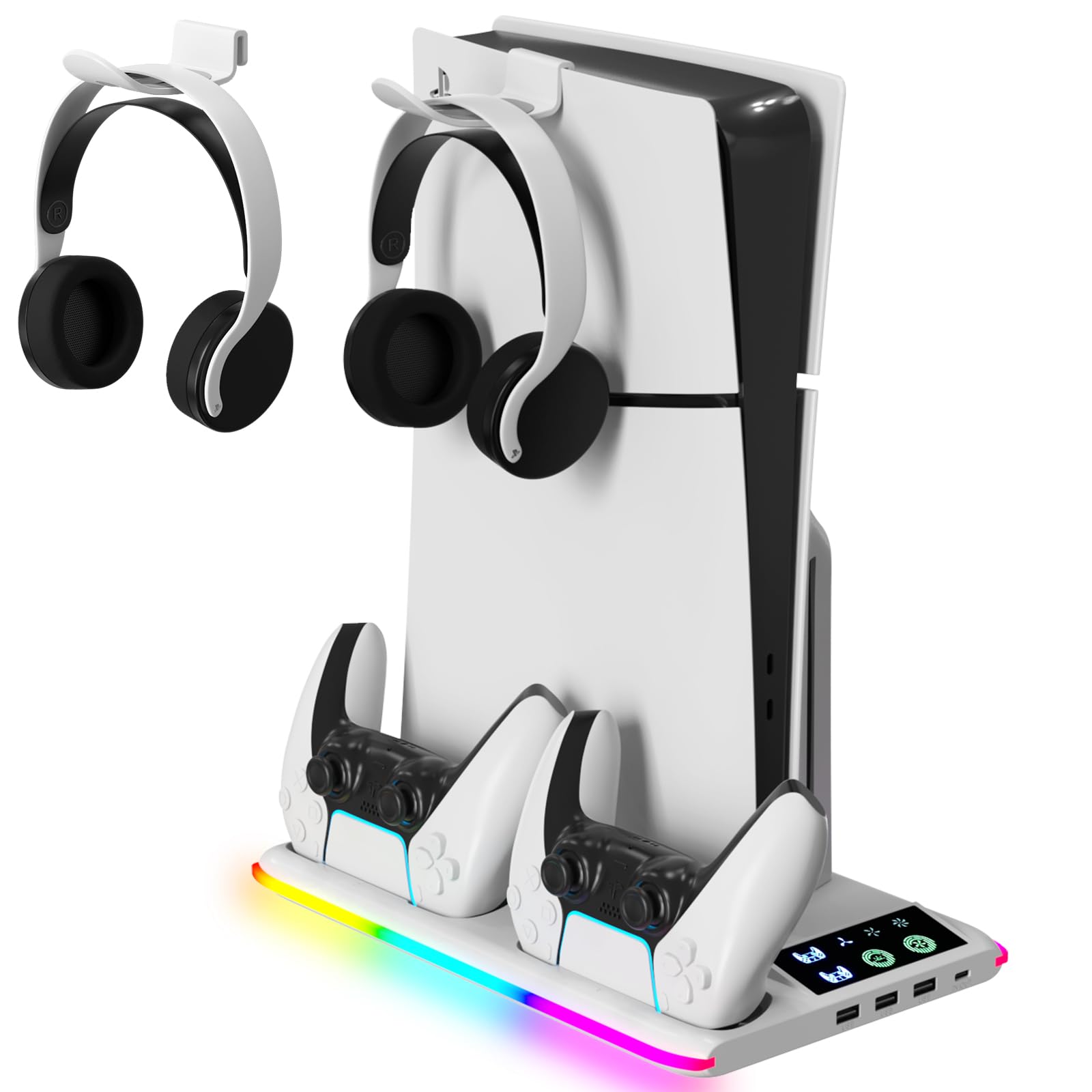 Supporto per PS5/Slim/Pro con Ventola di Raffreddamento, Ricarica Controller PS5, Base PS5 Supporto Verticale con 3 Luci RGB modes per Playstation 5 Console Edizione Disco/Digital Accessori