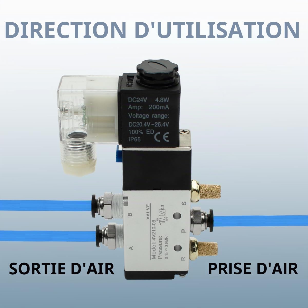 1 électrovanne électropneumatique 4v210-08 - dc24v 5 voies 2 positions BSP 1/8 avec 3 pc6-02 et 2 silencieux et 1 ruban Teflon