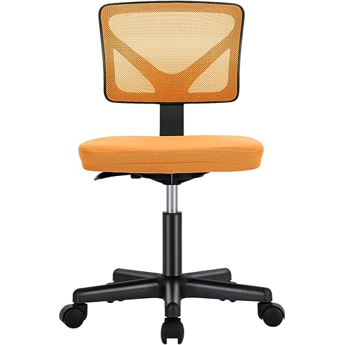 Sweetcrispy Armless Desk Chairs, Ergonomic Low Back Computer Chair No Arms, Adjustable Rolling Mesh Task Work Swivel Chairs with Wheels Work Vanity Chair for Small Spaces Home Bedroom Study, Orange