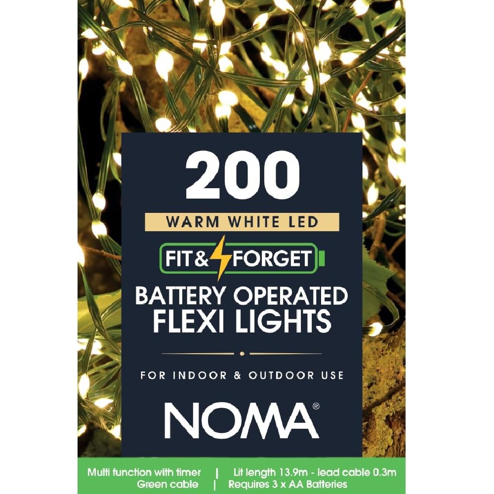Noma Fit & Forget Flexi Wire Lights, 200 Warm White LED's, 13.9 m, Battery Operated
