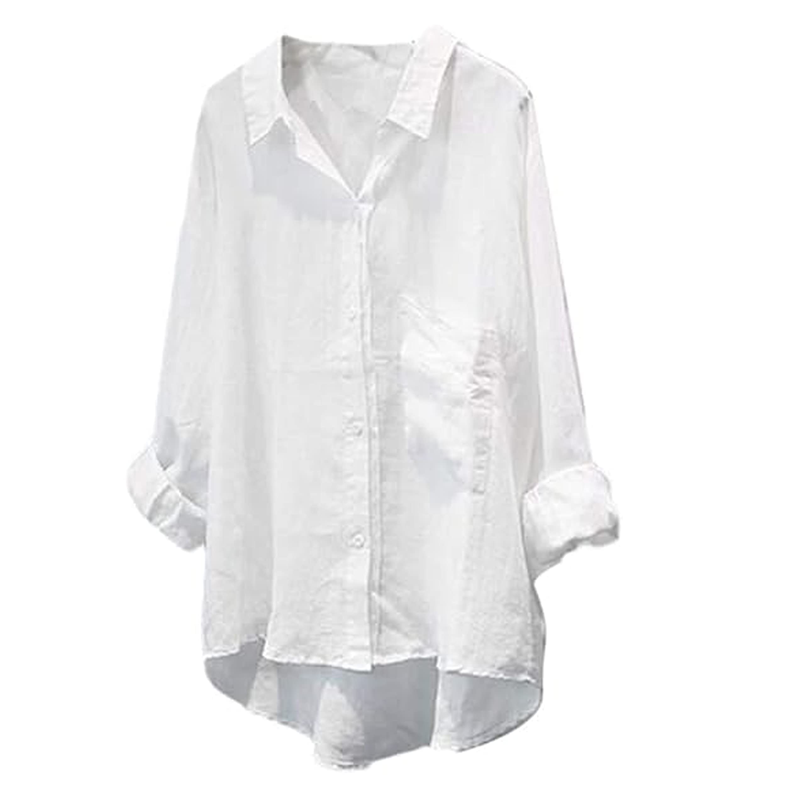 Minibee Women's Long Sleeve Shirts Button Down Blouse Cotton Tunic High Low Tops