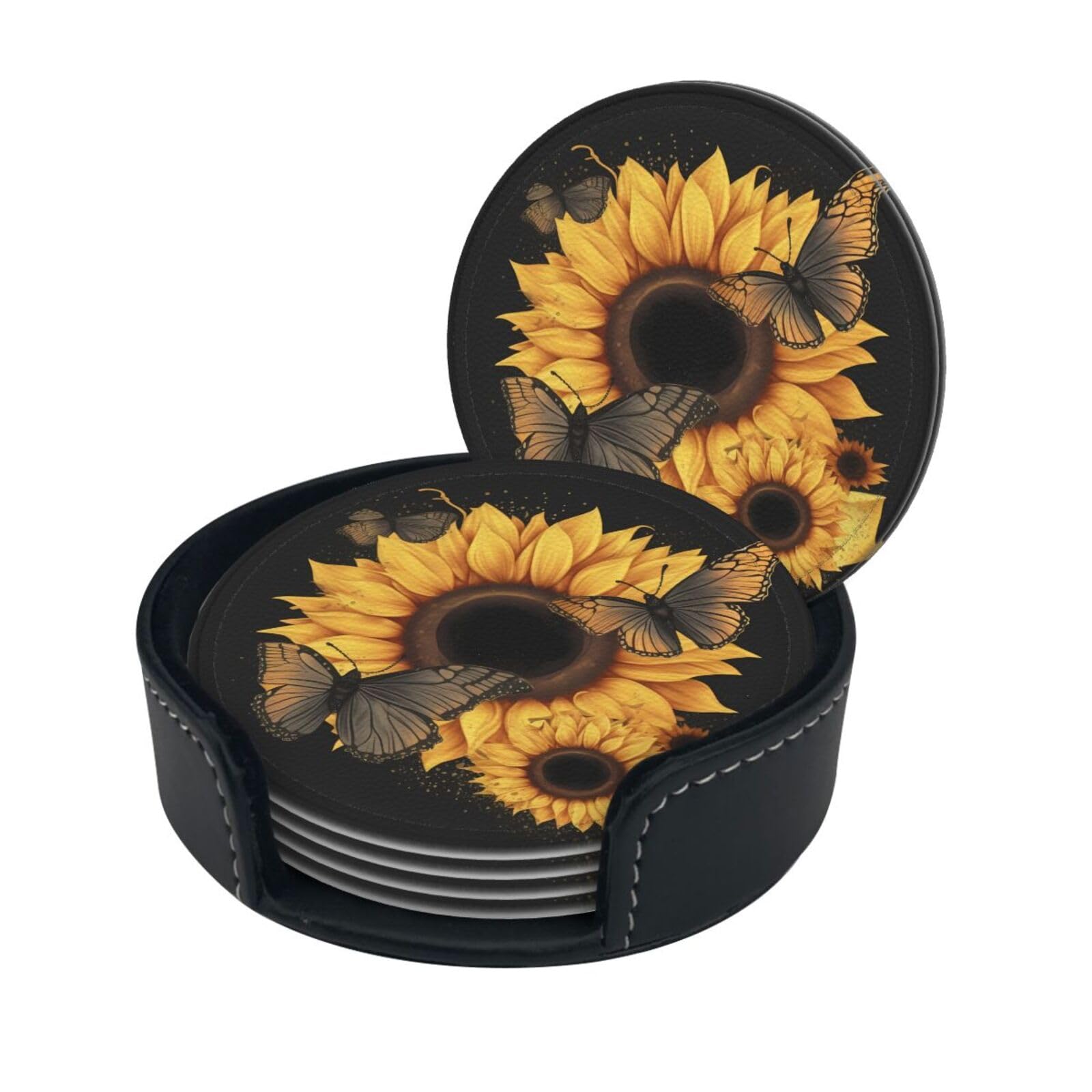 Butterflies and Sunflowers Print Coaster,Round Leather Coasters with Storage Box for Wine Mugs,Cold Drinks and Cups Tabletop Protection (6 Piece)