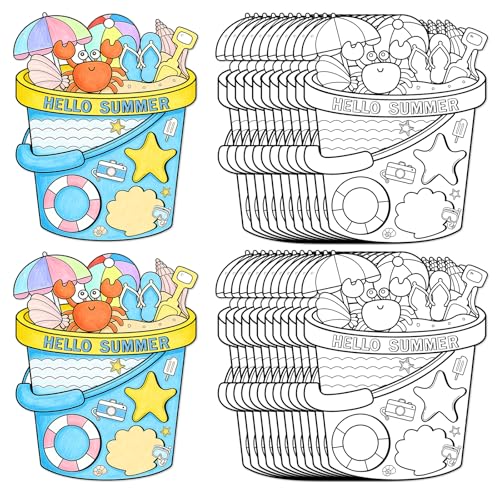Sereliy 24 Pcs Summer Coloring Wreath Crafts, Color Your Own Bucket Crafts, DIY Paper Wreath for Summer Home Activities Games. (Bucket)